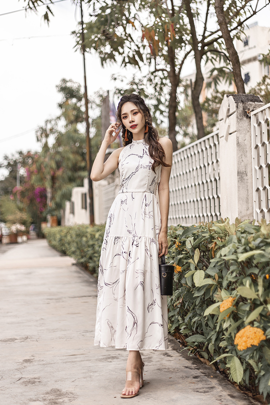 SIERRA HALTER NECK MAXI DRESS (WHITE ABSTRACT)